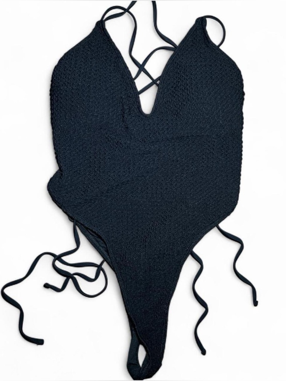 Black Textured V-Neck One-Piece Swimsuit with Side Ties